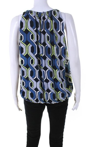 Trina Turk Womens Silk Geometric Bubble Hem Sleeveless Tank Blouse Blue Size M