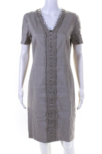 Elie Tahari Womens Linen Embroidered Darted Short Sleeve Midi Dress Beige Size 8