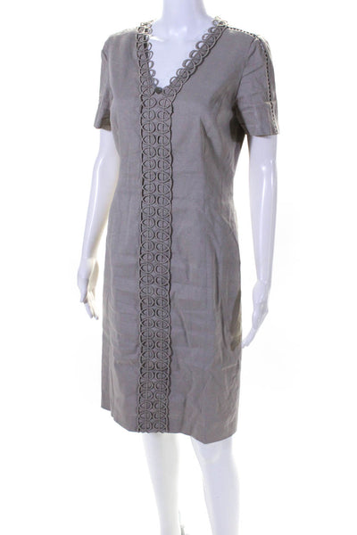 Elie Tahari Womens Linen Embroidered Darted Short Sleeve Midi Dress Beige Size 8