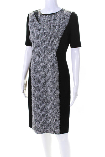 Elie Tahari Womens Patchwork Textured Short Sleeve Zip Sheath Dress Black Size 8