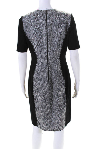 Elie Tahari Womens Patchwork Textured Short Sleeve Zip Sheath Dress Black Size 8