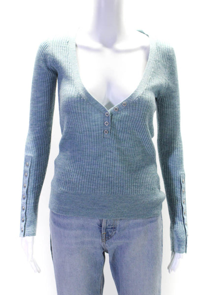 Free People Womens Ribbed Textured V-Neck Long Sleeve Buttoned Top Blue Size M