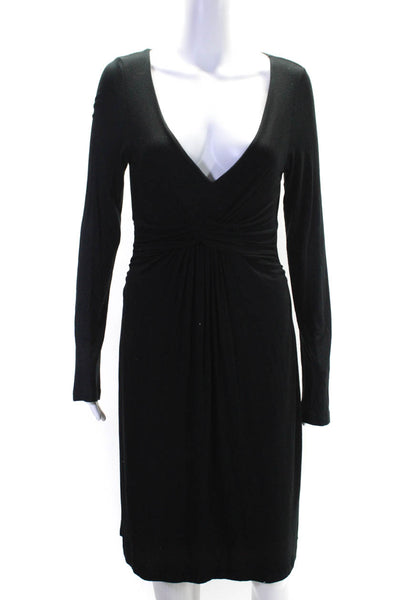 Velvet Womens V-Neck Ruched Knotted Long Sleeve Midi Sheath Dress Black Size M