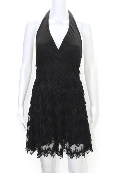 Carmen Marc Valvo Womens Embroidered Textured Tiered Halter Dress Black Size 10
