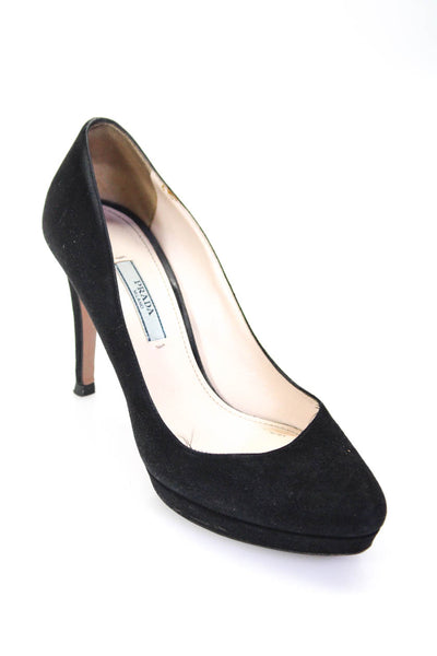 Prada Womens Black Suede Leather Platform Heels Pumps Shoes Size 7