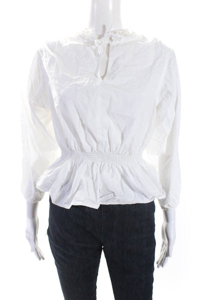Rebecca Taylor Womens Smocked Waist V-Neck Long Sleeve Blouse Top White Size S