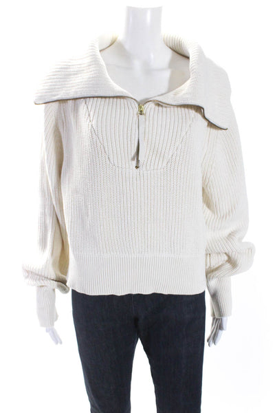 Varley Womens Half Zipper Long Sleeves Turtleneck Sweater White Cotton Size Larg