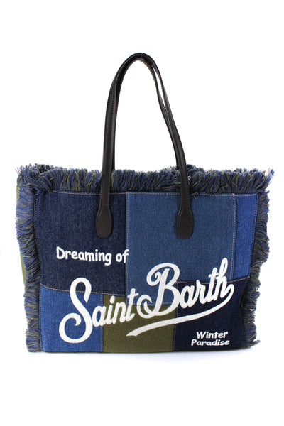 MC2 Saint Barth Women Embroidered Fringe Denim Patchwork Tote Handbag Blue Green