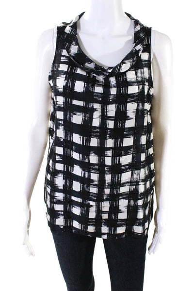 Theory Womens Sleeveless Scoop Neck Check Silk Boxy Top Black White Size Medium