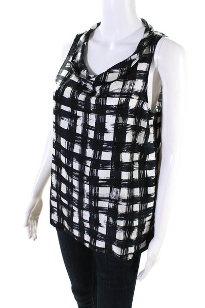 Theory Womens Sleeveless Scoop Neck Check Silk Boxy Top Black White Size Medium