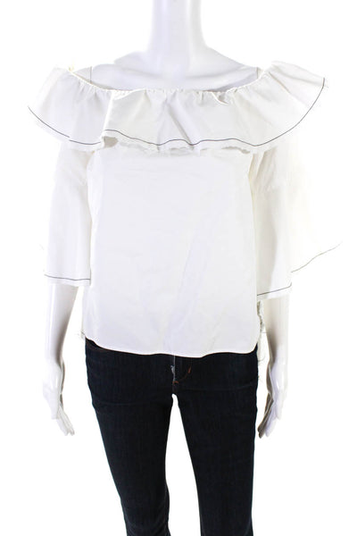 Alexis Womens Ruffled 3/4 Sleeve Off Shoulder Boxy Top White Cotton Size Medium