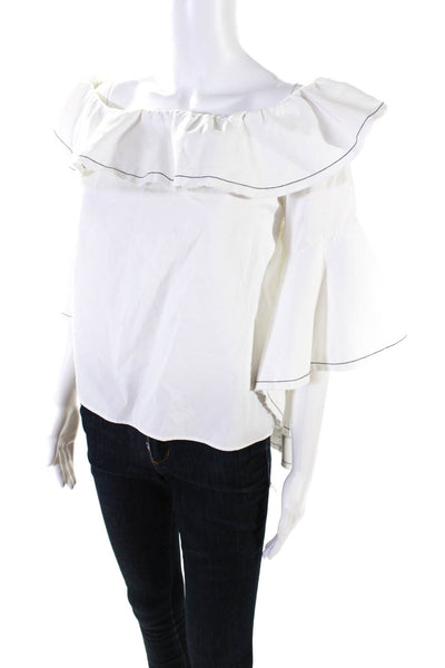 Alexis Womens Ruffled 3/4 Sleeve Off Shoulder Boxy Top White Cotton Size Medium