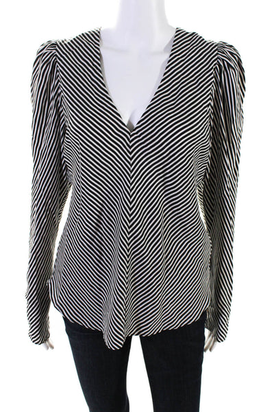 Frame Womens Black White Silk Striped V-Neck Puff Long Sleeve Blouse Top Size M