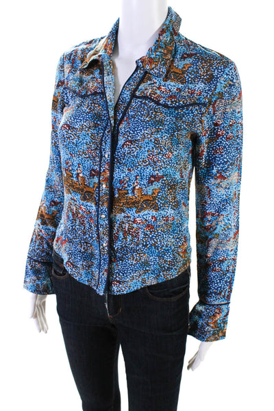 Tibi Womens Blue Silk Multi Printed Collar Long Sleeve Blouse Top Size 6