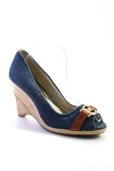 MK Michael Kors Womens Leather Trim Espadrille Open Toe Wedges Blue Size 9.5M