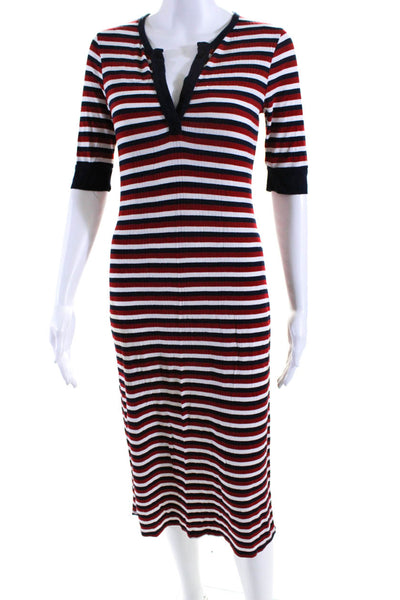 Joie Womens Red Blue Ribbed Striped V-neck Short Sleeve Bodycon Dress Size S