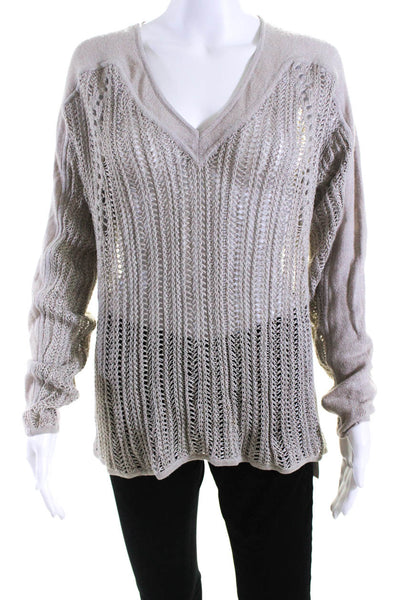 Helmut Lang Womens Long Sleeve Open Knit V Neck Sweater Gray Linen Size Large