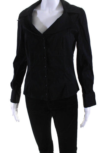 Elie Tahari Womens Long Sleeve Notched Collar Button Up Top Blouse Black Small