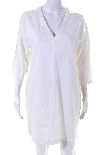 Theory Womens 3.4 Sleeve V Neck Twill Shift Dress White Linen Size Medium