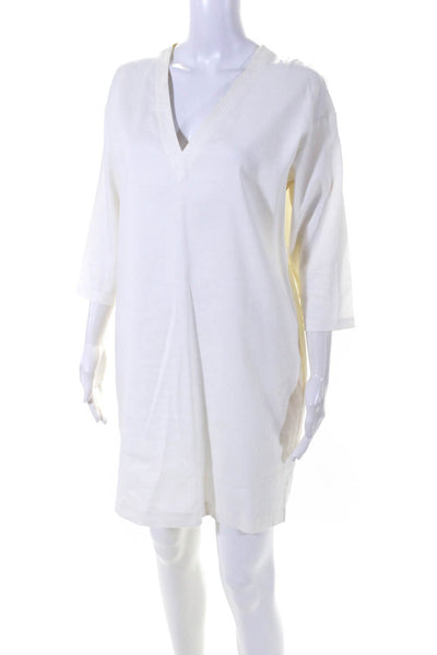 Theory Womens 3.4 Sleeve V Neck Twill Shift Dress White Linen Size Medium