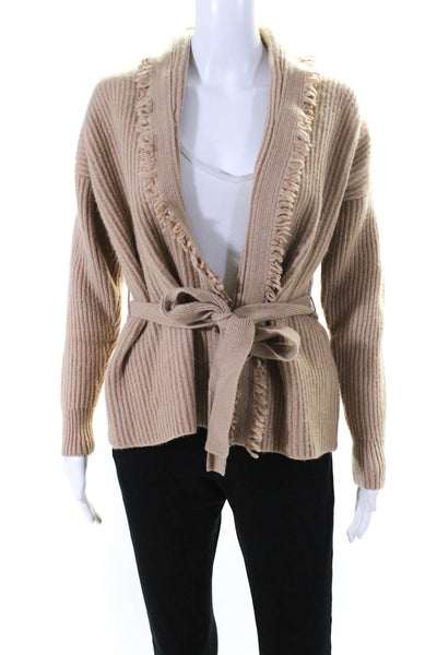 Intermix Womens Fringe Hem Belted Open Front Cardigan Sweater Beige Size Small