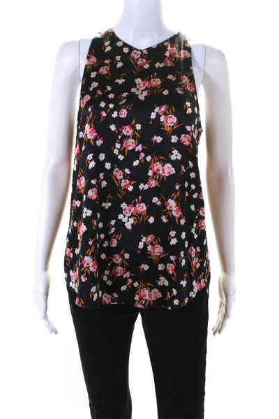 ALC Womens Crew Neck Satin Floral Tank Top Blouse Black Pink Size 8