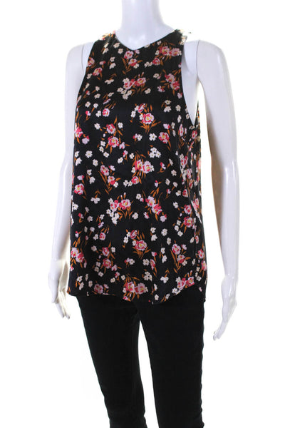 ALC Womens Crew Neck Satin Floral Tank Top Blouse Black Pink Size 8