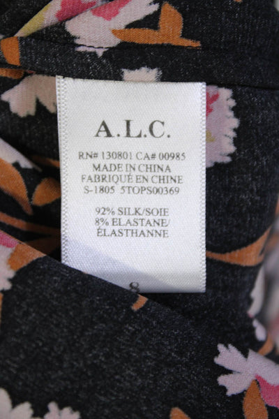 ALC Womens Crew Neck Satin Floral Tank Top Blouse Black Pink Size 8