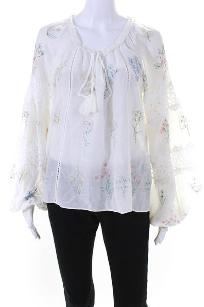 Love Sam Womens Embroidered Lace Puff Sleeve Tie Neck Top Blouse White Medium