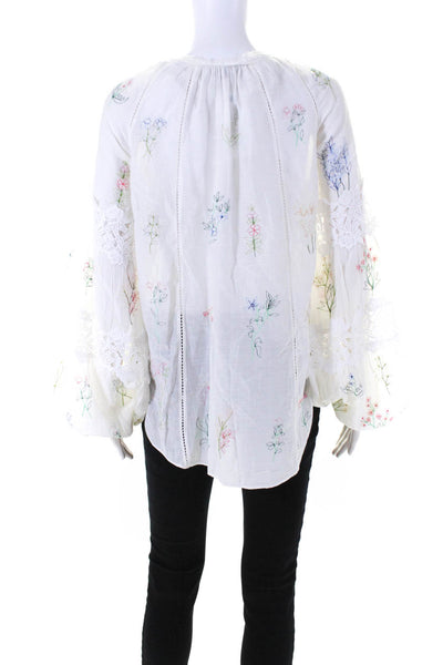 Love Sam Womens Embroidered Lace Puff Sleeve Tie Neck Top Blouse White Medium