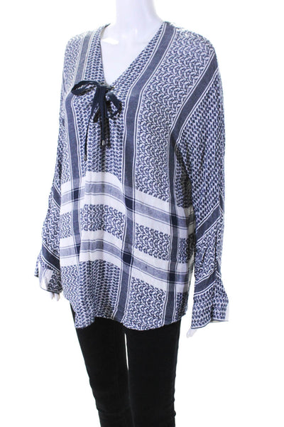 Rails Womens Lace Up V Neck Jacquard Long Sleeve Top Blouse Blue White Medium