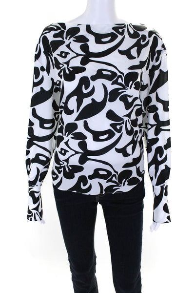 Toccin Womens Long Sleeve Abstract Boat Neck Top Blouse Black White Size 4