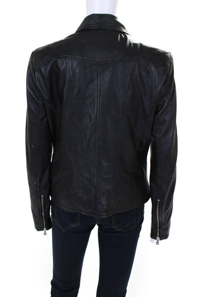 Vera Pelle Womens Leather Collared Asymmetrical Zip Up Jacket Coat Black Size 46