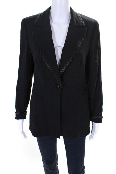 Escada Womens Wool Ruffled Notched Collar Button Up Jacket Blazer Black Size 38