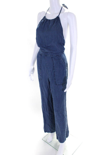ASTR Womens Chambray Halter Sleeveless Zip Up Wide Leg Jumpsuit Blue Size S