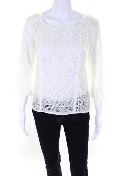Joie Women's Round Neck 3/4 Sleeves Lace Boxy Blouse White Size M