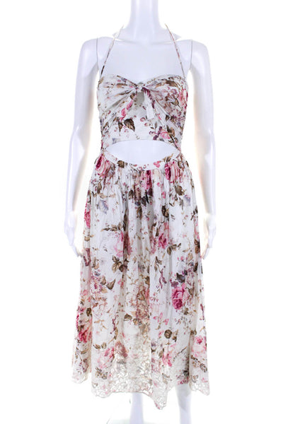 Zimmermann Womens Floral Print Halter Sweetheart Midi Dress White Pink Size 0