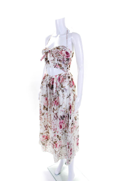 Zimmermann Womens Floral Print Halter Sweetheart Midi Dress White Pink Size 0