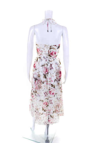 Zimmermann Womens Floral Print Halter Sweetheart Midi Dress White Pink Size 0