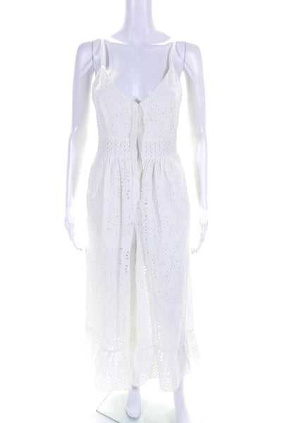 Love Shack Fancy Women's V-Neck Spaghetti Straps Eyelet Jumpsuit White Size 2