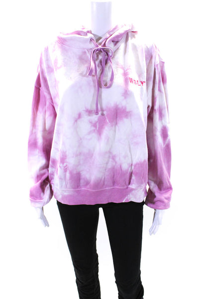 WSLY Womens Pullover Logo Tie Dyed Hoodie Sweater Pink White Cotton Size Large