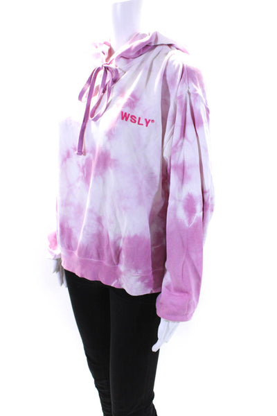 WSLY Womens Pullover Logo Tie Dyed Hoodie Sweater Pink White Cotton Size Large