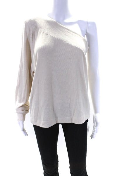 Enza Costa Womens Ribbed Knit One Shoulder Sweatshirt Beige Size Large