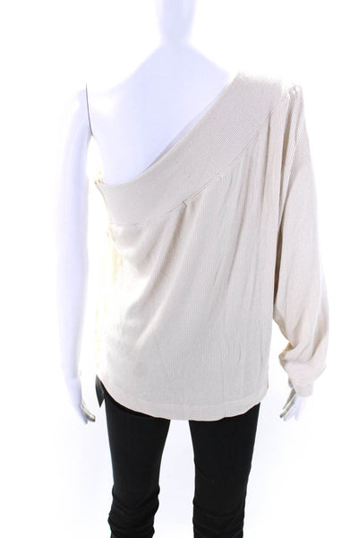 Enza Costa Womens Ribbed Knit One Shoulder Sweatshirt Beige Size Large