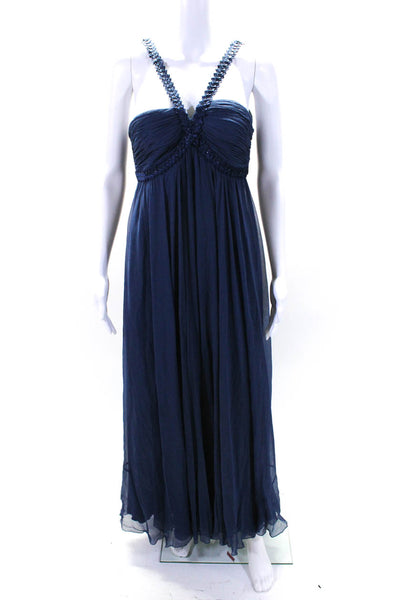 BCBGMAXAZRIA Womens Back Zip Beaded Trim Chiffon Silk Midi Dress Blue Size 6P