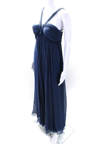 BCBGMAXAZRIA Womens Back Zip Beaded Trim Chiffon Silk Midi Dress Blue Size 6P