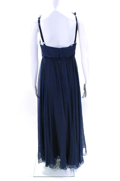 BCBGMAXAZRIA Womens Back Zip Beaded Trim Chiffon Silk Midi Dress Blue Size 6P