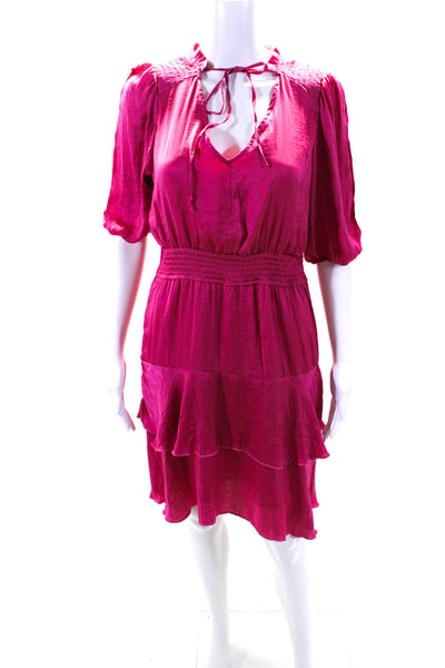 Sam Edelman Womens Short Sleeve Keuhole Tiered Satin Dress Pink Size Medium