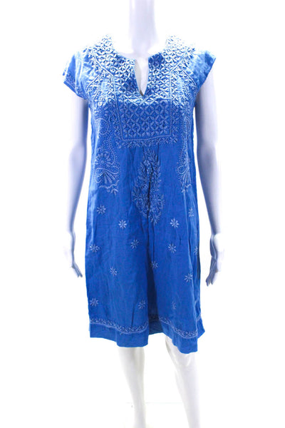 Roller Rabbit Womens Short Sleeve V Neck Embroidered Dress Blue Cotton Size XS