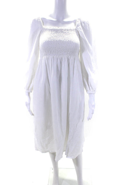 J Crew Womens 3/4 Sleeve Smocked Square Neck Midi Linen Dress White Size XS